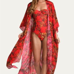 L’AGENCE KARA Red Jungle Maxi Kimono Cover up ONE SIZE